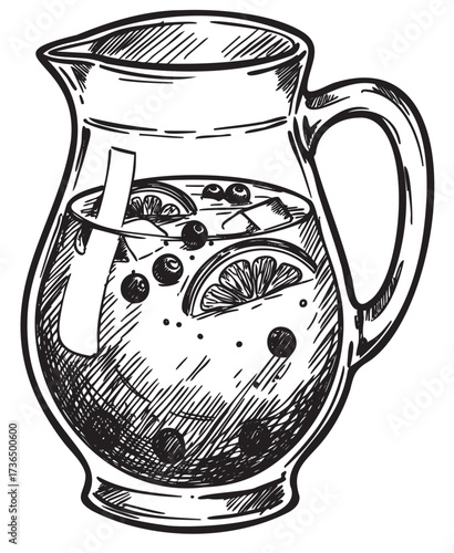Black and white sketch of fruit-infused water jug with citrus and berries – retro hand drawn illustration