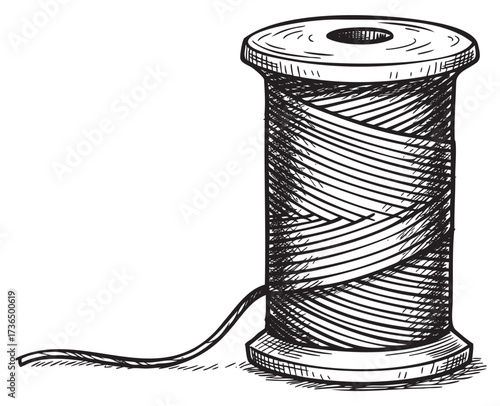 Vintage spool of thread illustration with detailed line art – retro hand drawn illustration