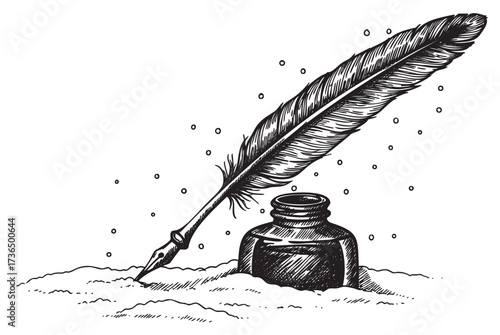 Vintage quill pen and ink bottle on parchment line art drawing – retro hand drawn illustration