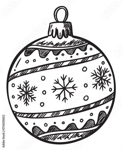 Hand-drawn christmas ornament with snowflakes and decorative patterns in black and white – retro hand drawn illustration