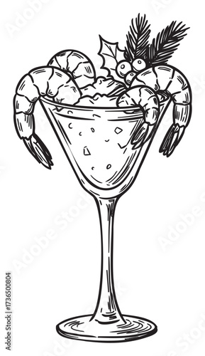Festive seafood cocktail with shrimp and holly in elegant glass – retro hand drawn illustration