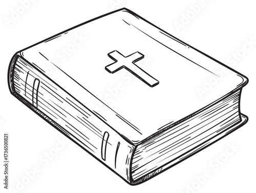 Black and white sketch of closed bible with cross on cover – retro hand drawn illustration