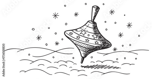 Hand-drawn spinning top with stars and snowflakes in winter scene – retro hand drawn illustration