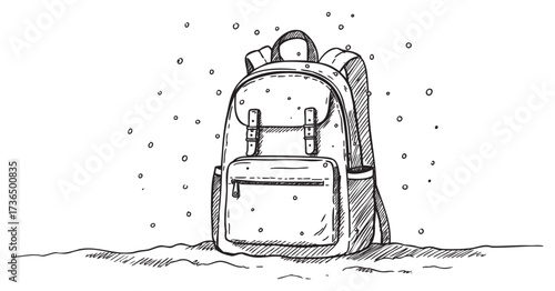 Hand-drawn backpack illustration with snowflakes and outdoor texture – retro hand drawn illustration