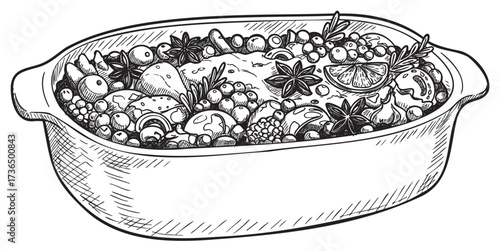 Hand-drawn casserole dish with fresh vegetables and herbs – retro hand drawn illustration