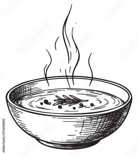 Hand-drawn steaming soup bowl with rosemary and peppercorns illustration – retro hand drawn illustration
