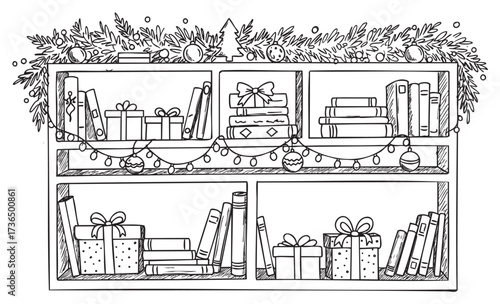Festive bookshelf with holiday decorations and wrapped gifts – retro hand drawn illustration