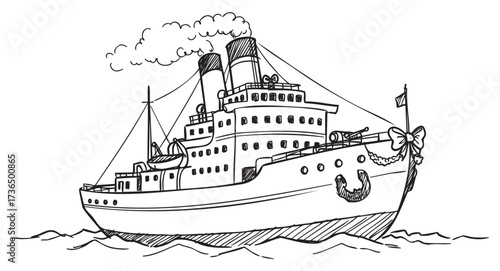 Hand-drawn vintage ocean liner illustration with smoke stacks and flag – retro hand drawn illustration