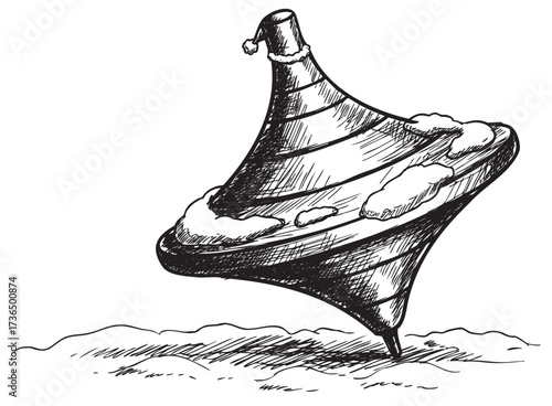 Vintage hand-drawn spinning top with snow accents in motion – retro hand drawn illustration