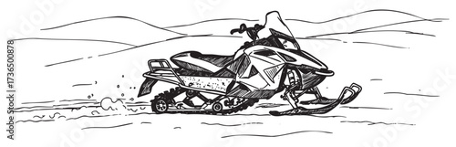 Sleek snowmobile sketch racing across snowy landscape – retro hand drawn illustration