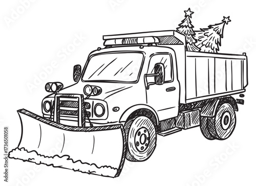 Snowplow truck with christmas trees sketch – retro hand drawn illustration