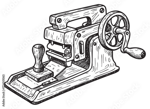 Vintage hand-cranked meat grinder illustration with detailed wooden handle and metal components – retro hand drawn illustration