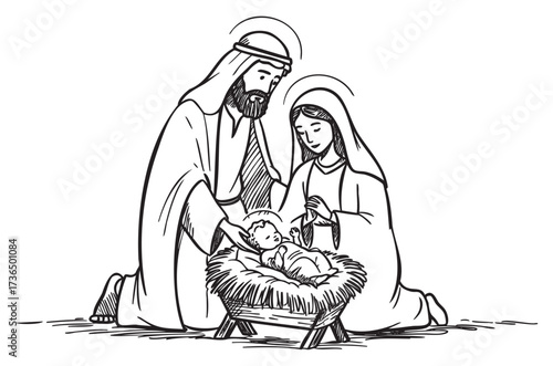 Nativity scene sketch: mary, joseph, infant jesus in manger – retro hand drawn illustration