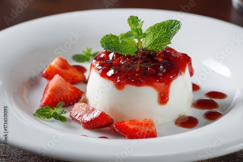 Creamy Panna Cotta with Strawberry Sauce and Fresh Mint Garnish