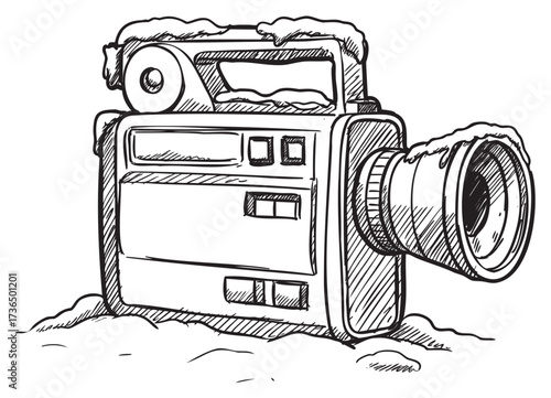 Vintage snow-covered camcorder with reel in wintery setting – retro hand drawn illustration