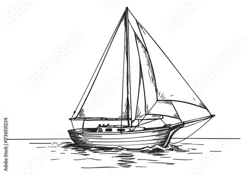 Hand-drawn sailboat sketch on calm sea with billowing sails – retro hand drawn illustration