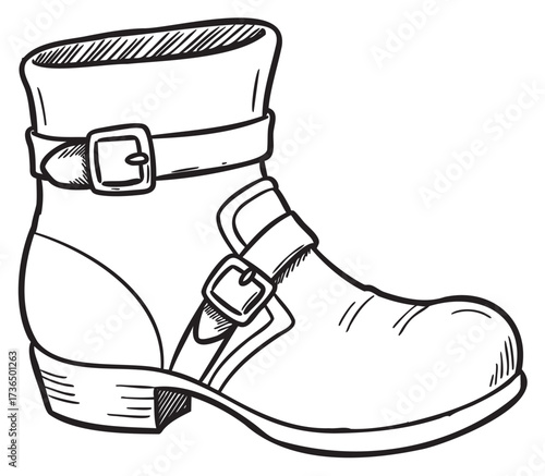 Black and white sketch of a stylish ankle boot with double buckles – retro hand drawn illustration