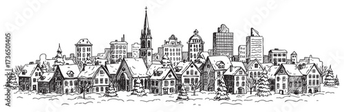 Black and white winter cityscape with snow-covered houses and buildings – retro hand drawn illustration
