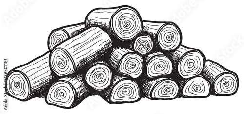 Hand-drawn stack of natural logs with detailed wood grain patterns – retro hand drawn illustration