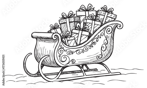 Festive sleigh filled with wrapped presents in black and white drawing – retro hand drawn illustration