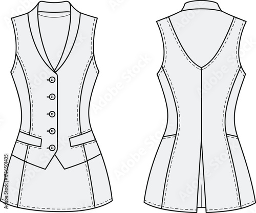 Fashion flat sketch of women’s long sleeveless blazer vest with button front, notch lapel collar, flap pockets, and back slit design