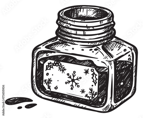 Ink bottle with snowflake pattern: vintage black and white drawing – retro hand drawn illustration