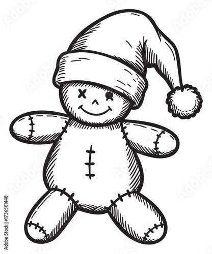 Cute hand-drawn plush toy with santa hat sketch – retro hand drawn illustration