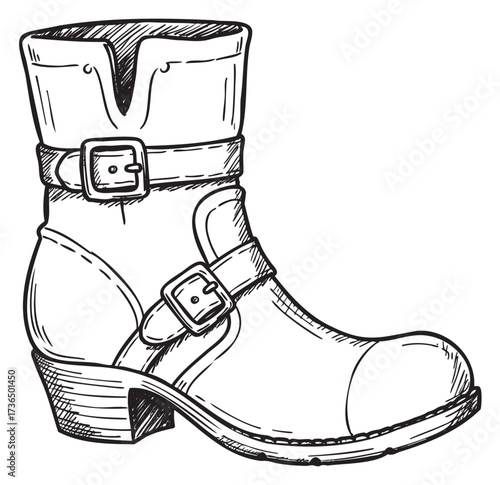 Hand-drawn leather ankle boot with buckle details and heel – retro hand drawn illustration