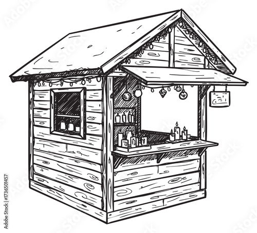 Rustic wooden outdoor market stall sketch with string lights and decorative elements – retro hand drawn illustration