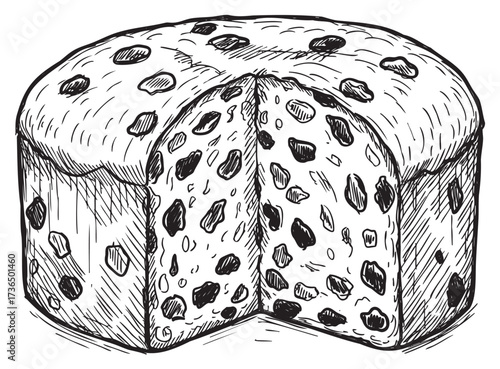Hand-drawn sketch of round raisin cake with slice cut – retro hand drawn illustration