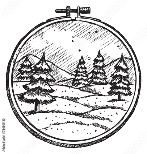 Snowy landscape in embroidery hoop with pine trees and mountains – retro hand drawn illustration