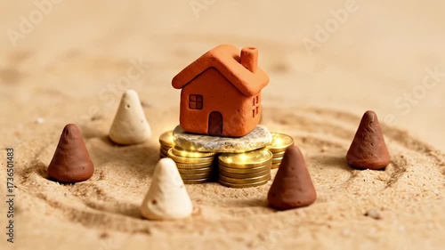 A miniature terracotta house on a stack of coins is surrounded by incense cones on sand, symbolizing home investment, savings, property protection, or real estate luck.

