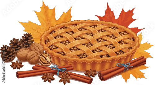 Delicious walnut pie with autumn leaves cinnamon sticks and star anise spices