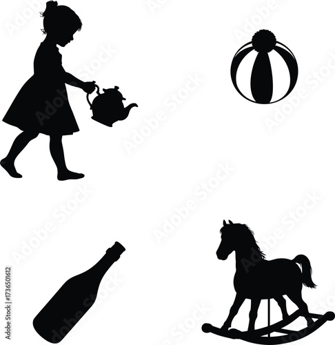 Collection of childhood toy silhouettes on white background Keywords: child, girl, teapot, ball