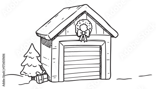 Festive garage with holiday wreath and present by snowy tree – retro hand drawn illustration