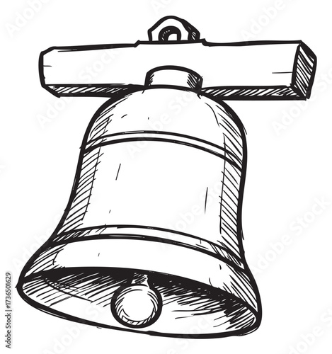 Hand-drawn vintage bell sketch with wooden beam detail – retro hand drawn illustration