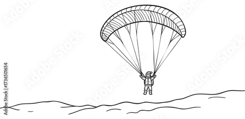 Line art of paraglider: solo flight over mountains – retro hand drawn illustration