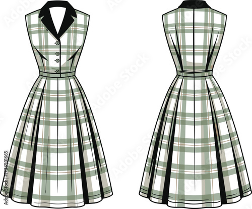 Plaid sleeveless dress illustration, front and back view, fashion design template, women clothing vector, garment construction outline, classic style drawing