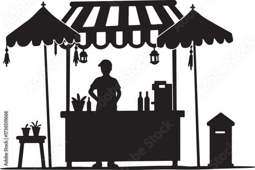 Silhouette of a vendor at a market stall with awnings and lanterns