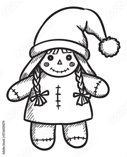 Hand-drawn rag doll with braids and santa hat illustration – retro hand drawn illustration