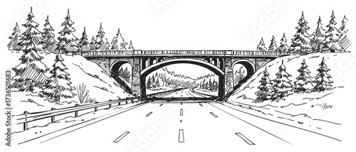 Scenic highway bridge sketch with pine trees and open road – retro hand drawn illustration