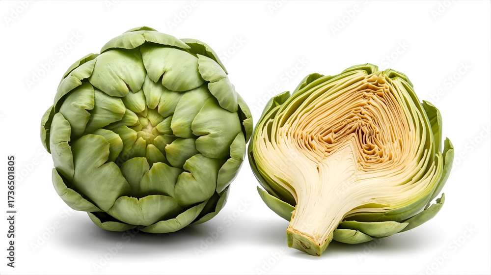Obraz premium Fresh Artichoke Whole and Cut Isolated on White Background – AI Generated Digital Illustration