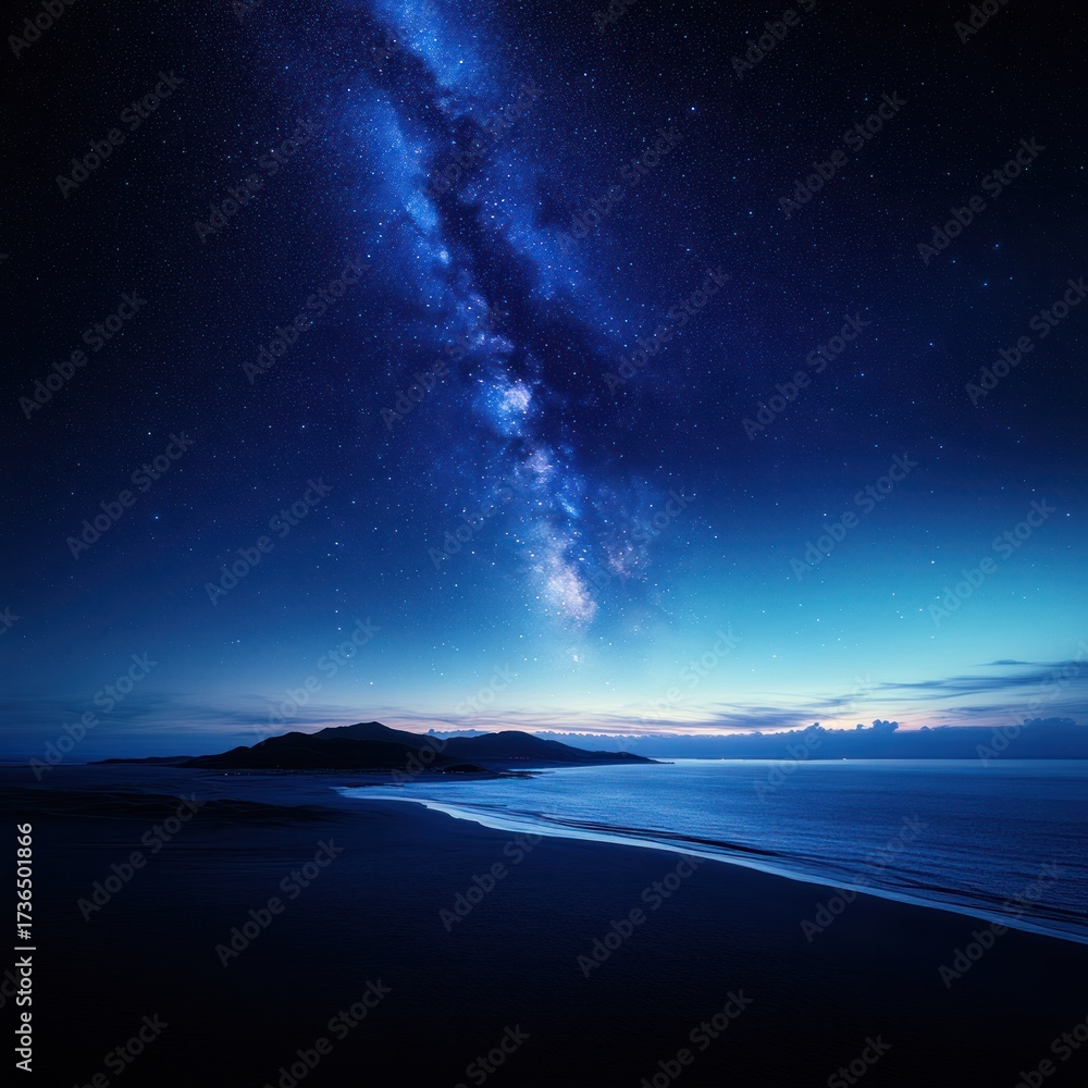 Naklejka premium Starlight over the Shoreline: The majestic Milky Way stretches across the night sky, reflected in the tranquil waters of a secluded beach, with a breathtaking display of celestial wonder.