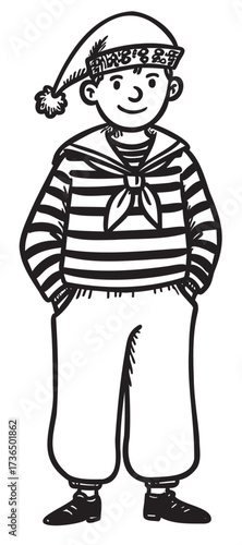 Young caucasian male sailor drawing with striped shirt and hat – retro hand drawn illustration