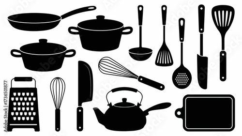 Collection of Kitchenware Silhouettes for Cooking and Food Preparation Black on White Background Simple Minimalist Design