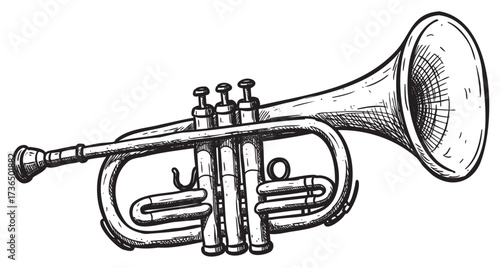 Detailed hand-drawn trumpet sketch with intricate lines and classic design – retro hand drawn illustration