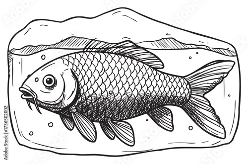 Hand-drawn fish in water with bubbles and mountainous – retro hand drawn illustration