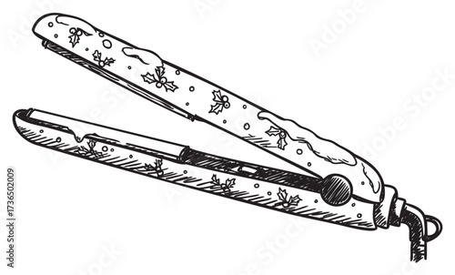 Sketch of a snow-covered hair straightener with star and leaf patterns – retro hand drawn illustration