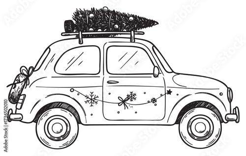 Vintage car with christmas tree on roof in festive holiday design – retro hand drawn illustration