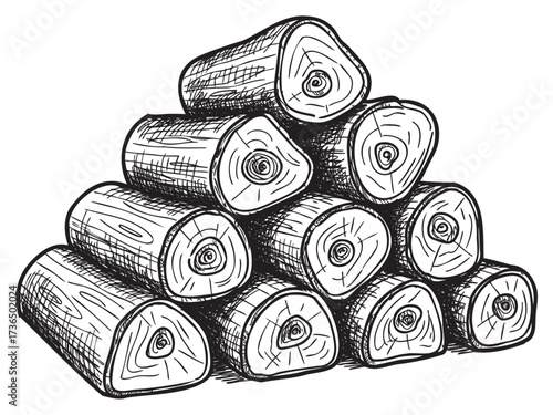 Hand-drawn stack of firewood logs in black and white illustration – retro hand drawn illustration